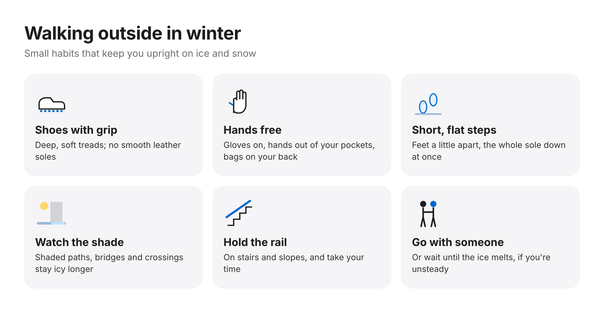 Six winter walking tips: shoes with grip, hands free, short flat steps, watch shaded spots, hold the rail, go with someone
