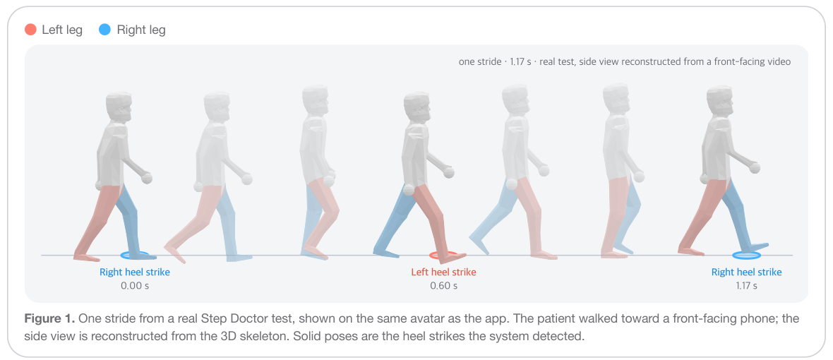One stride from a real Step Doctor test shown as seven avatar poses from the side, with the right and left heel strikes marked