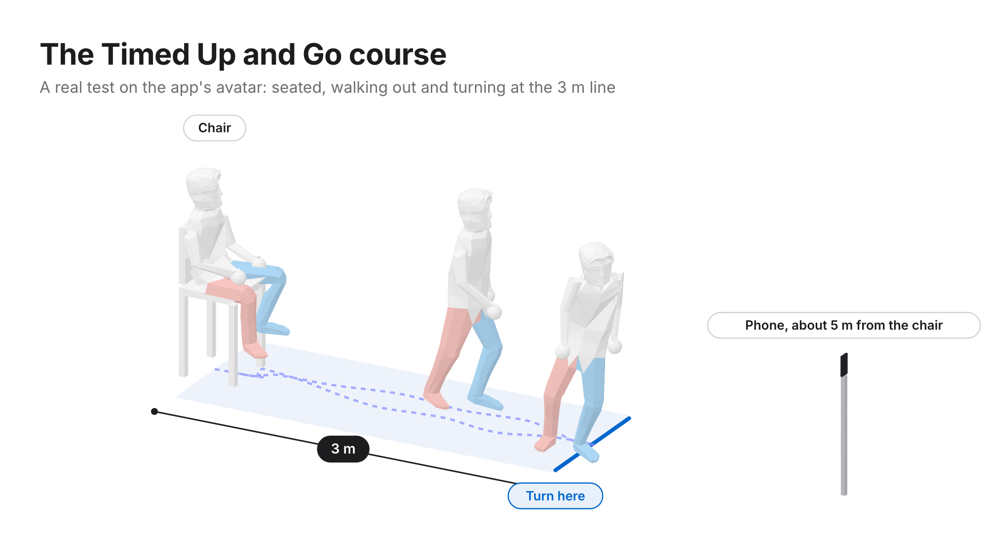 The Timed Up and Go course on the app's 3D avatar: seated in the chair, walking out, and turning at the line 3 metres away, with the phone about 5 metres from the chair