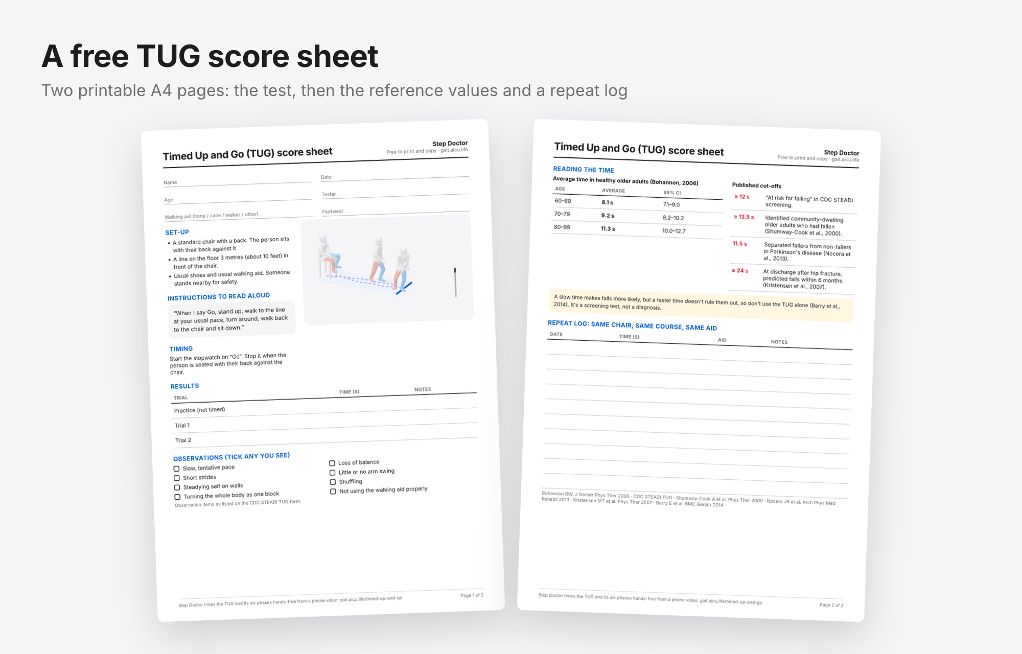 Preview of the two pages of the free Timed Up and Go score sheet