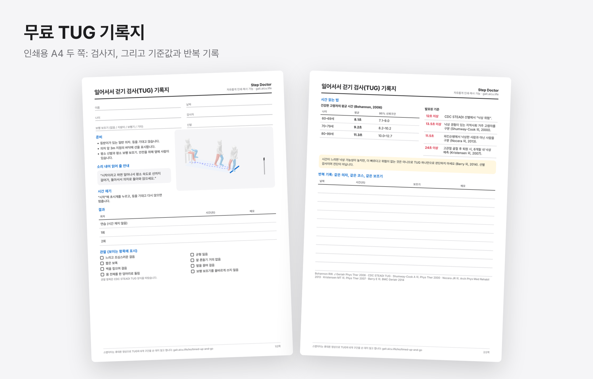 무료 일어서서 걷기 검사 기록지 두 쪽 미리 보기